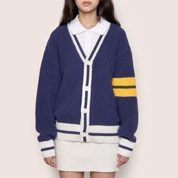 GUIZIO X CHAMPION Cardigan Sweater Women’s Medium Blue Varsity Academia Relaxed - Picture 1 of 13